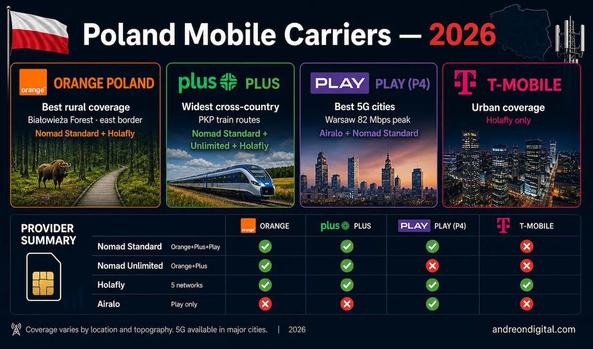 poland mobile carriers 2026 orange plus play tmobile esim coverage comparison nomad holafly airalo