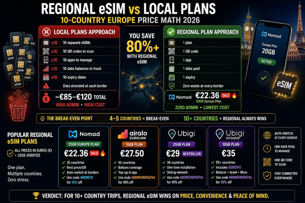 regional esim vs local plans europe 2026 nomad airalo ubigi multi-country travel price comparison