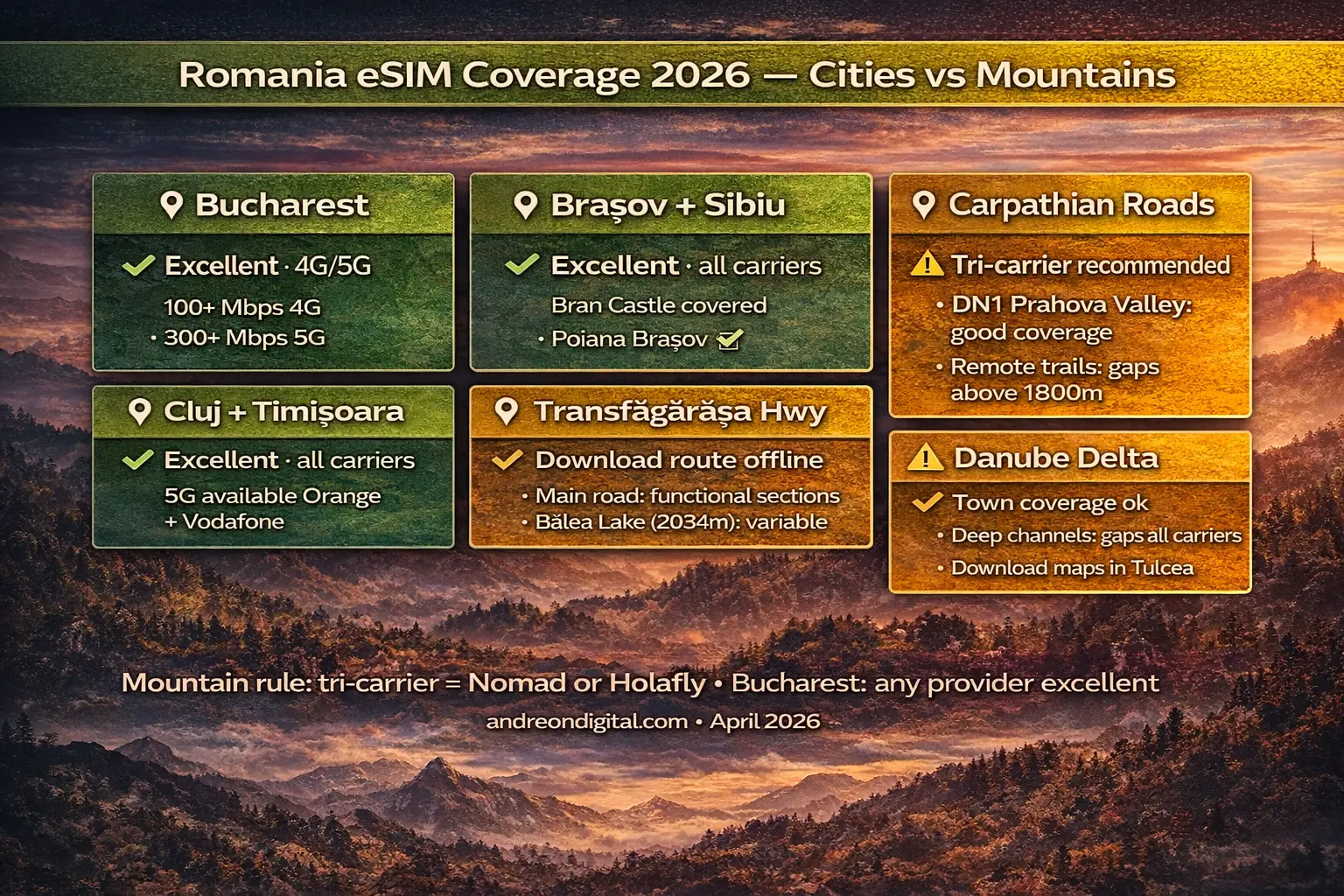 Romania eSIM coverage 2026 map — cities vs mountains including Bucharest, Transylvania and Carpathian routes