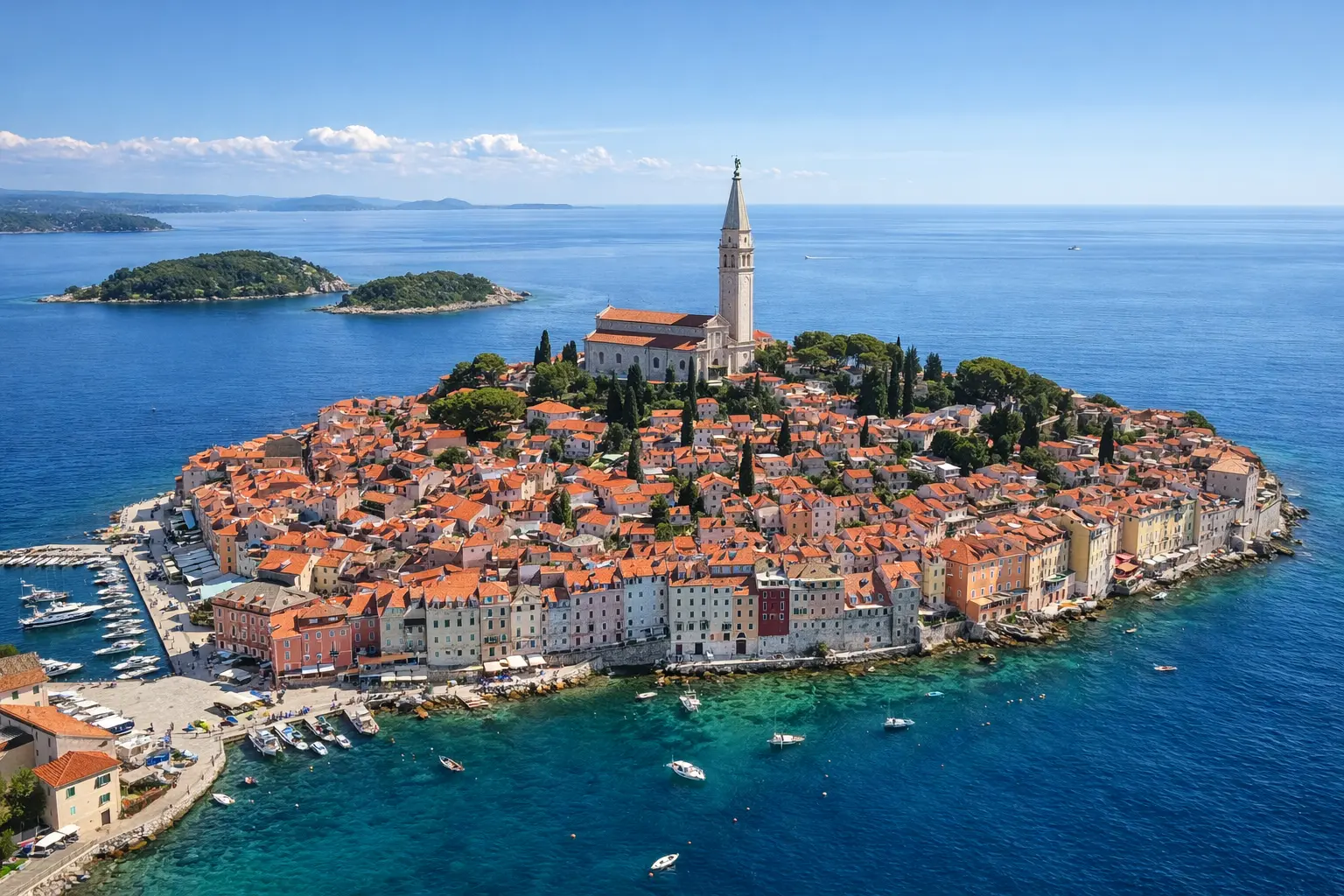 Rovinj Croatia old town panoramic view with colorful houses and Adriatic Sea coastline