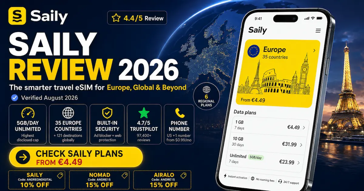 Saily eSIM Review 2026 banner showing Europe plans from €4.49, 35 Europe countries, Global coverage, 5GB per day unlimited, built in security, US phone number from $0.99 per month, and a 4.4 out of 5 review rating