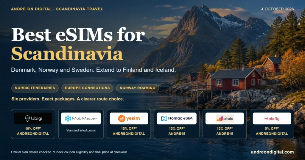Six eSIM providers compared for Scandinavia, Nordic extensions and Norway roaming, checked October 2026