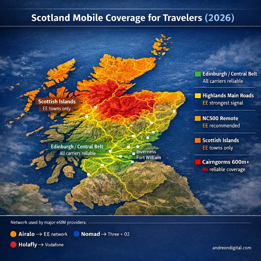 Scotland eSIM Network Coverage Map 2026 Highlands NC500 best esim for scotland travel 2026