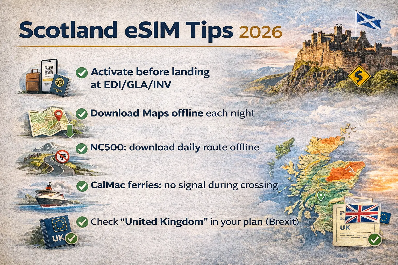 Scotland eSIM Tips 2026 NC500 CalMac Ferry Brexit scotland esim tips 2026 nc500 offline maps calMac ferry brexit
