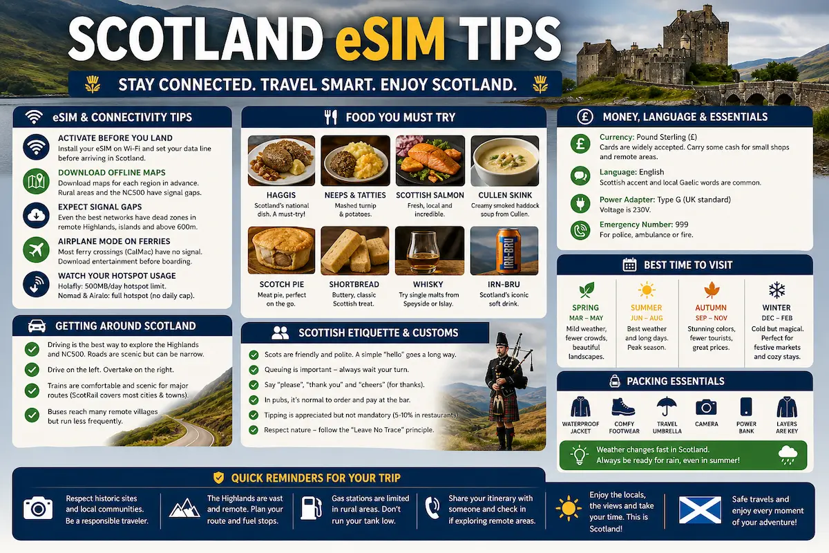 Scotland eSIM tips 2026 including connectivity advice offline maps NC500 Highlands travel essentials food and travel guide