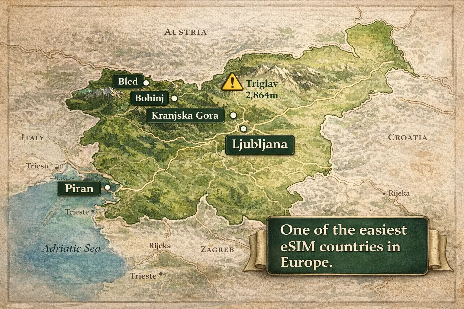 Slovenia eSIM Coverage Map 2026 A1 SI Ljubljana Lake Bled Julian Alps Triglav Slovenia mobile coverage map Ljubljana Lake Bled Triglav esim coverage
