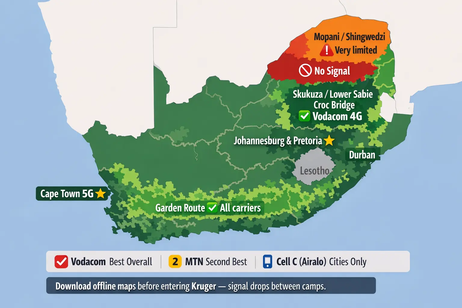 South Africa eSIM coverage map 2026 showing Vodacom, MTN and Cell C network coverage including Kruger National Park signal areas