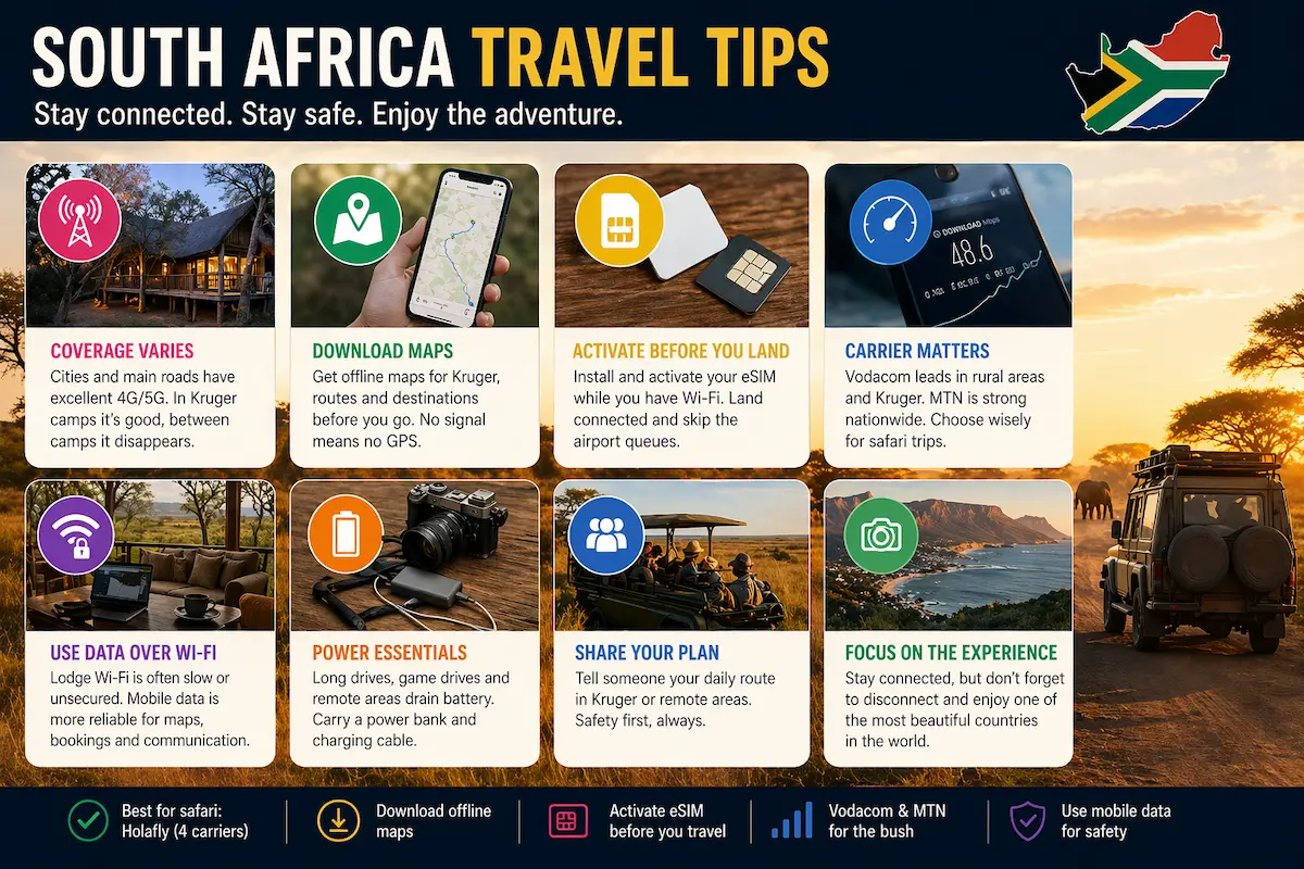 South Africa Travel Tips 2026 — eSIM, Safari and Connectivity Guide South Africa travel tips 2026 showing eSIM setup offline maps safari planning Kruger coverage and mobile data advice