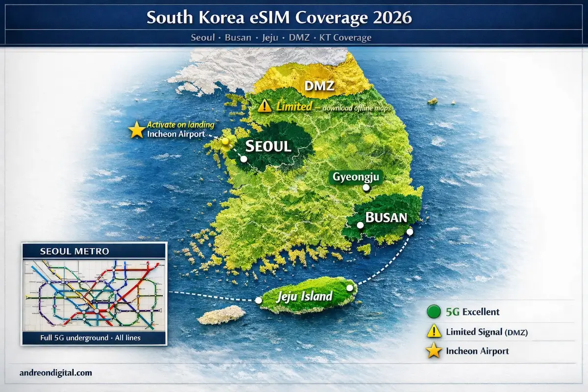 Best eSIM coverage map South Korea 2026 showing Seoul Busan Jeju and weak signal areas