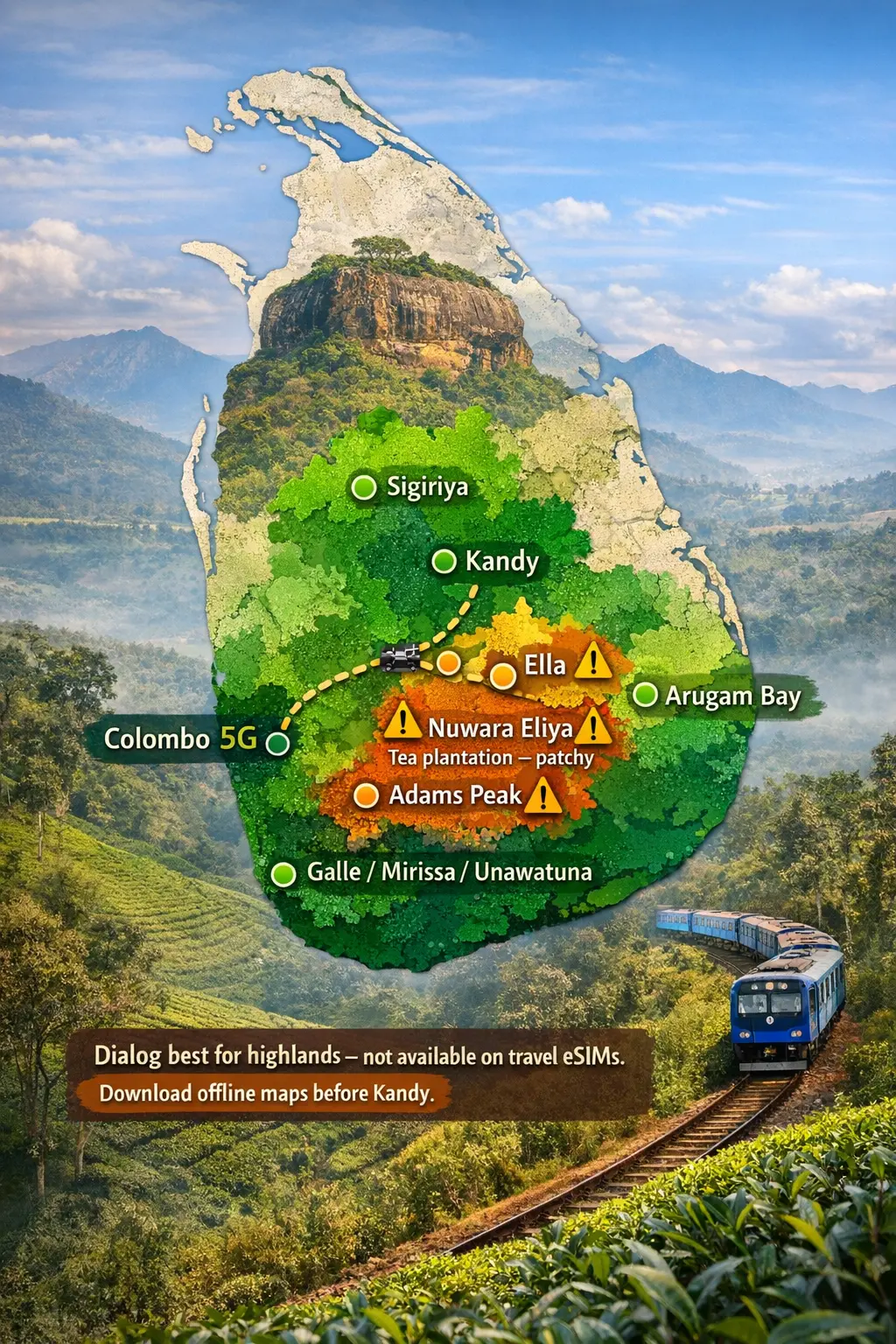 Sri Lanka eSIM Network Map 2026 Colombo Kandy Ella Tea Country Beaches Dialog Hutch Coverage Gaps best esim for sri lanka coverage map 2026