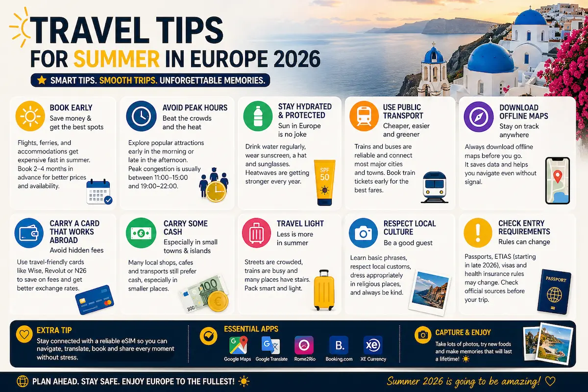 Summer Europe travel tips 2026 including booking early, avoiding peak hours, staying hydrated, using public transport and downloading offline maps