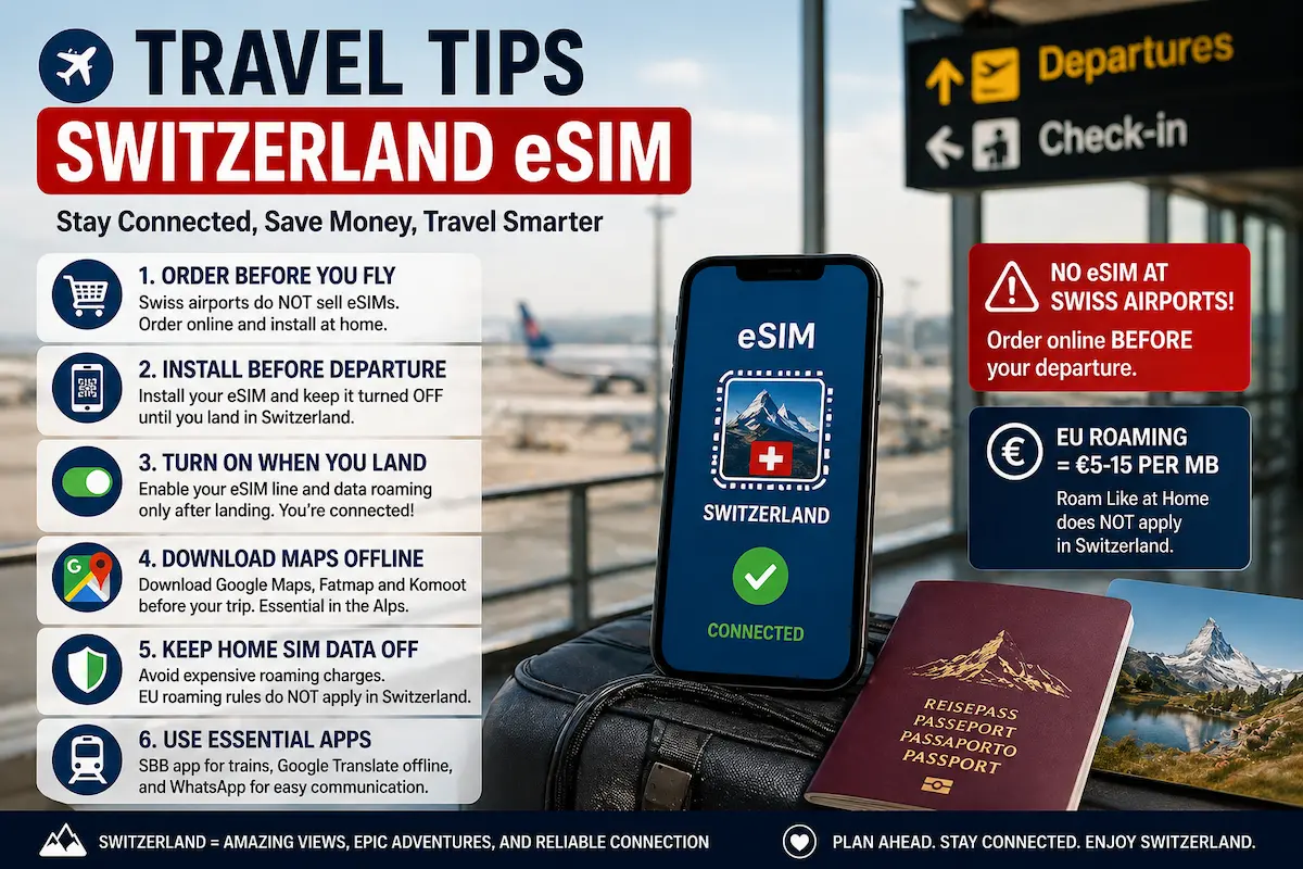 Switzerland eSIM travel tips showing how to install before flight avoid roaming charges and stay connected in 2026