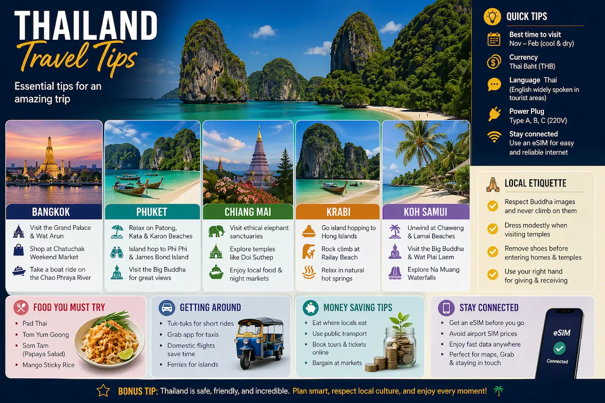 Thailand travel tips 2026 with things to do in Bangkok Phuket Chiang Mai Krabi and Koh Samui plus local tips and essential travel info