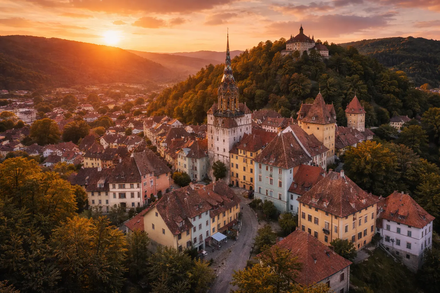 Sighisoara medieval town in Transylvania Romania at sunset with colorful houses and mountain landscape