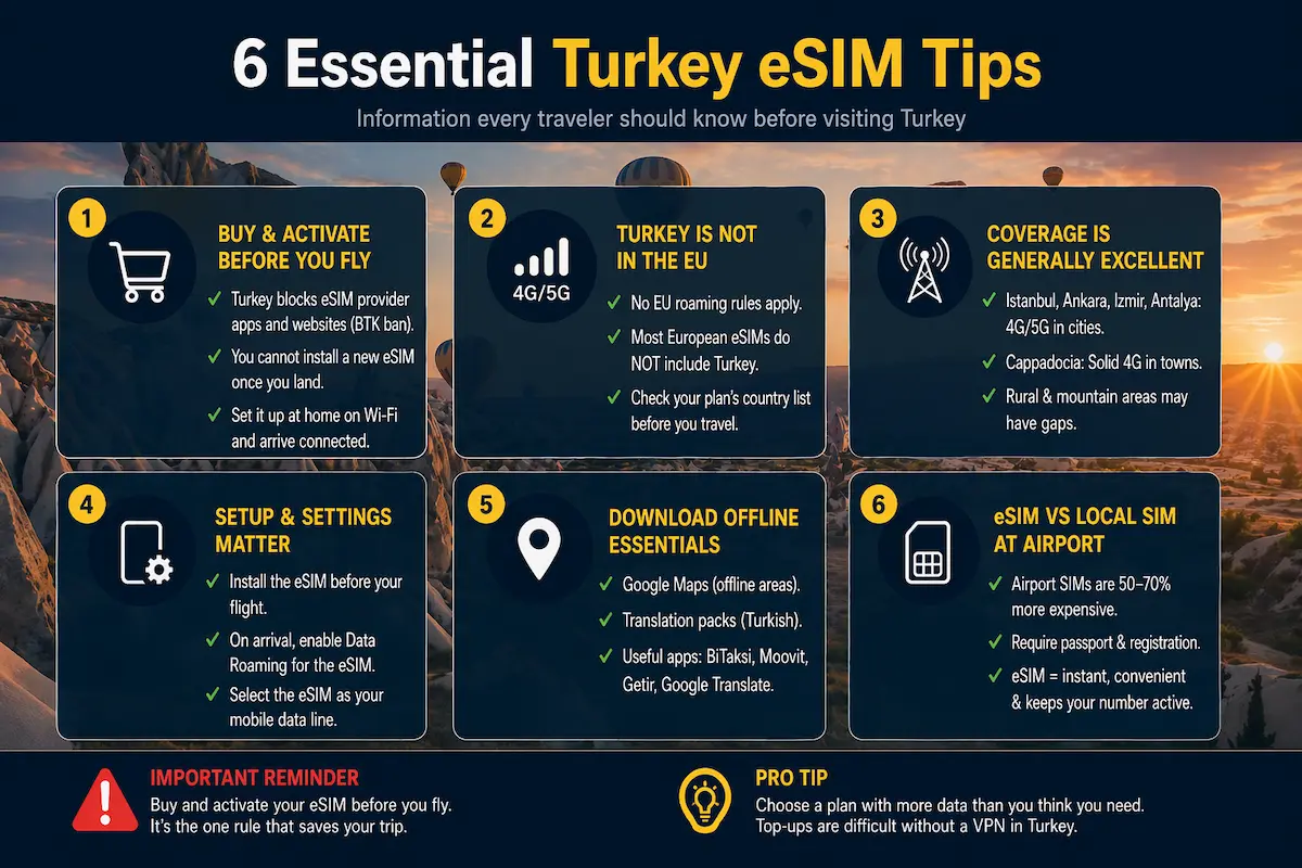 Turkey eSIM tips 2026 showing buy before flying rule coverage setup offline maps and airport SIM comparison