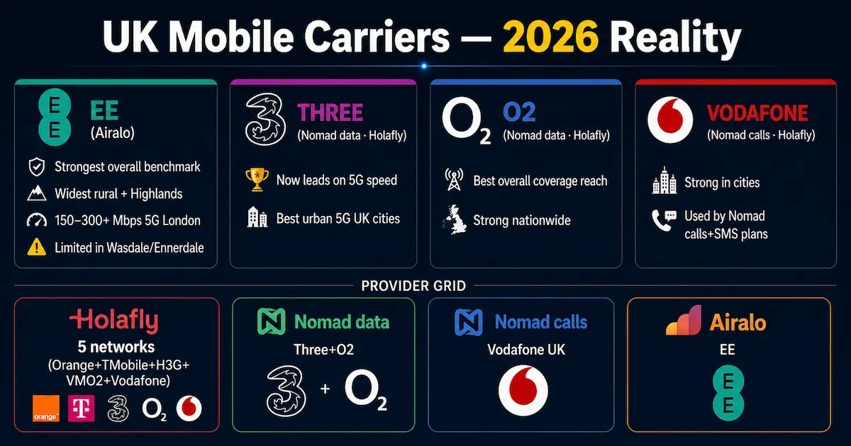 UK mobile carriers 2026 comparison showing EE Three O2 and Vodafone network coverage speed and performance across the United Kingdom