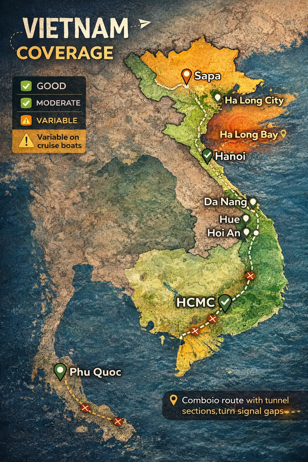 Vietnam eSIM Signal Map 2026 Viettel Vinaphone Hanoi HCMC Ha Long Bay Hoi An best esim for vietnam 2026 coverage map