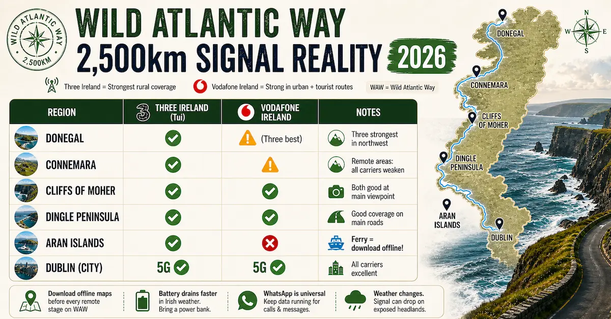 Wild Atlantic Way signal coverage 2026 Ireland 2500km map Three vs Vodafone network performance Donegal Connemara Dublin