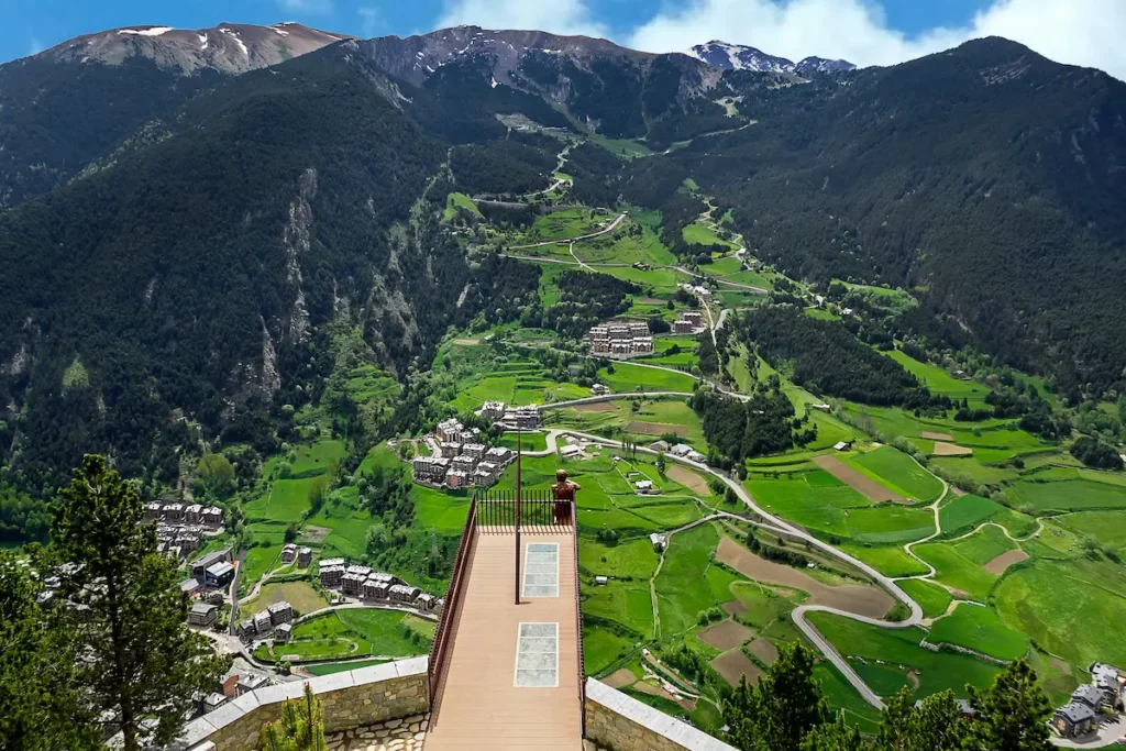 Mirador Roc del Quer Andorra view over Pyrenees mountains valley platform iconic viewpoint