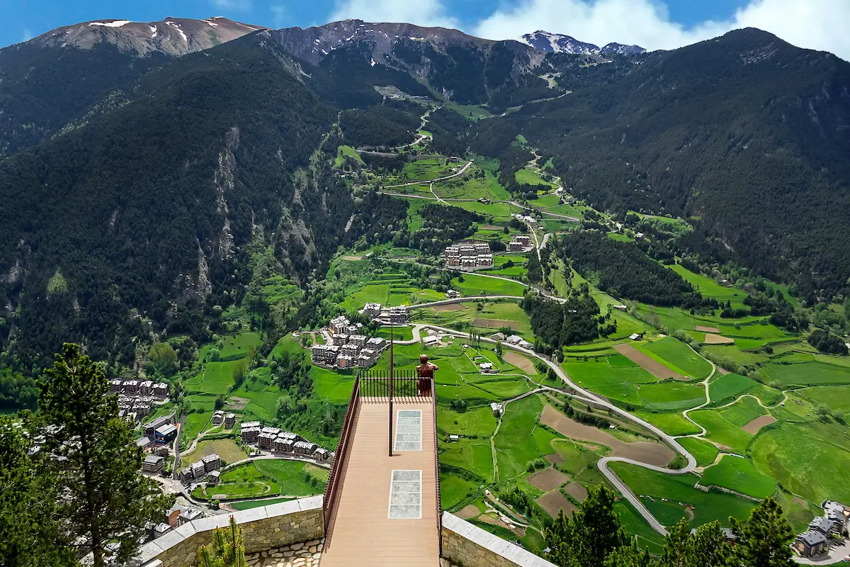 Mirador Roc del Quer Andorra view over Pyrenees mountains valley platform iconic viewpoint