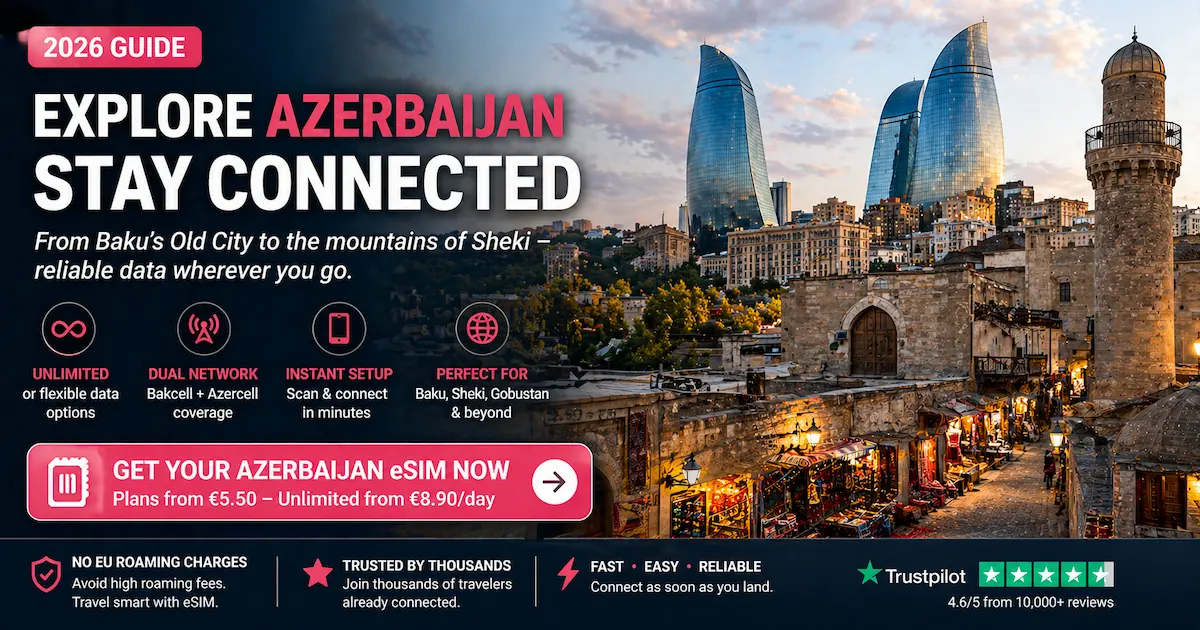 Azerbaijan eSIM travel image showing Baku skyline and Old City with unlimited data, dual network coverage and instant setup for travelers