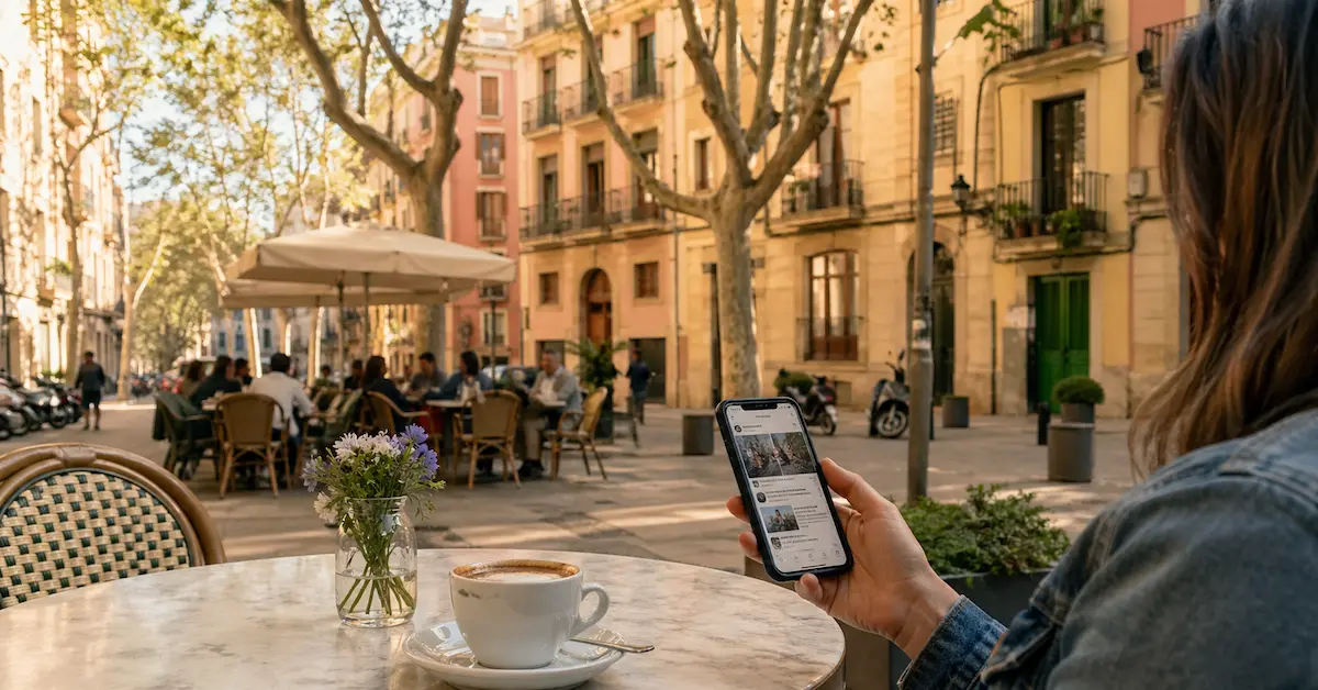 Person using smartphone at a cafe in Barcelona with stable mobile connection in a local neighborhood