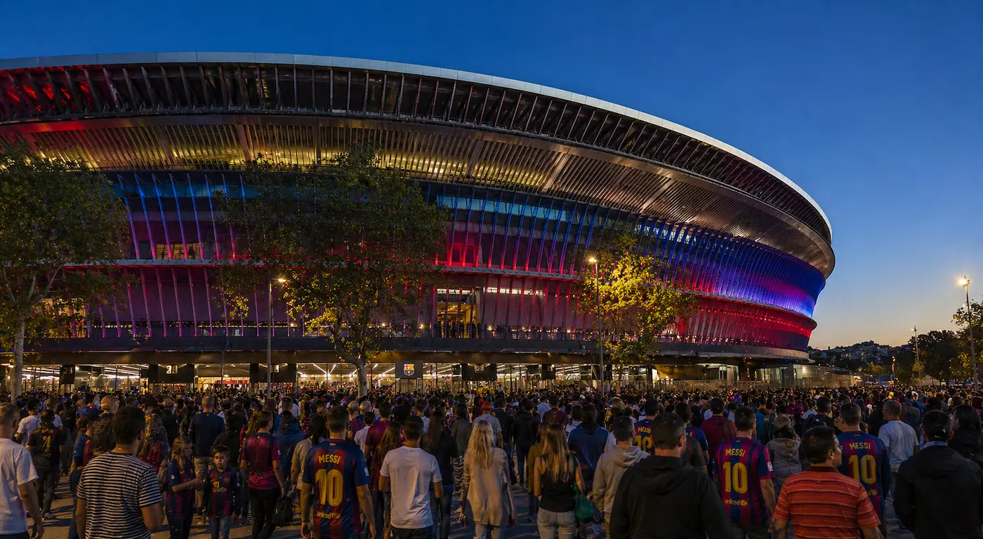 Crowd outside Camp Nou stadium in Barcelona on match day with heavy mobile network congestion