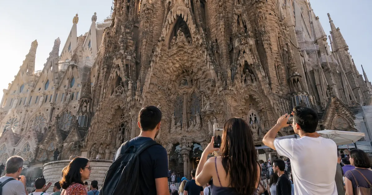 Tourists using smartphones at Sagrada Familia in Barcelona with heavy crowd and mobile network congestion in 2026