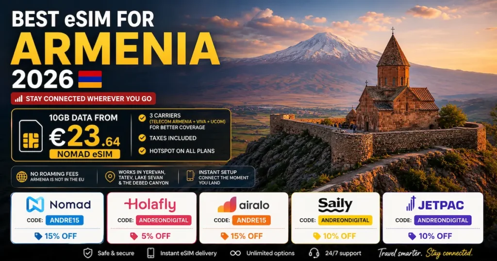 Best eSIM for Armenia 2026 featuring Khor Virap Monastery and Mount Ararat with Nomad from €23.64, Holafly, Airalo, Saily and Jetpac comparison plus Armenia travel eSIM discount codes.