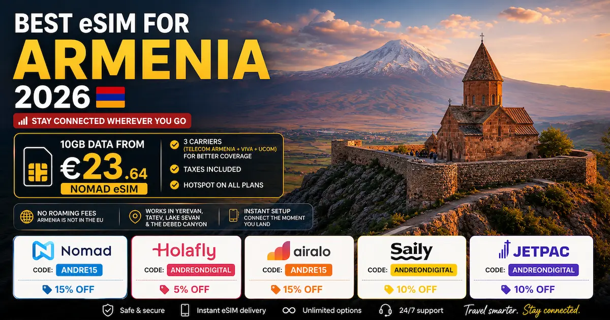 Best eSIM for Armenia 2026 featuring Khor Virap Monastery and Mount Ararat with Nomad from €23.64, Holafly, Airalo, Saily and Jetpac comparison plus Armenia travel eSIM discount codes.