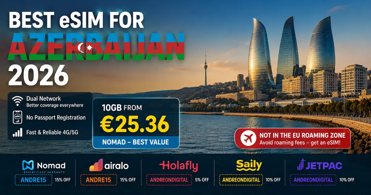 Best eSIM for Azerbaijan 2026 showing Baku Flame Towers with Nomad from €25.36, dual network coverage, Airalo, Holafly, Jetpac and Saily comparison.