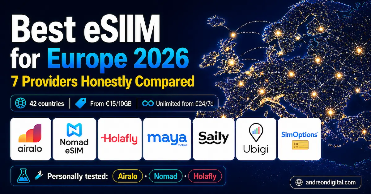 Best eSIM for Europe 2026 comparison showing Airalo Nomad Holafly Maya Saily Ubigi and SimOptions with prices coverage and 42 countries highlighted