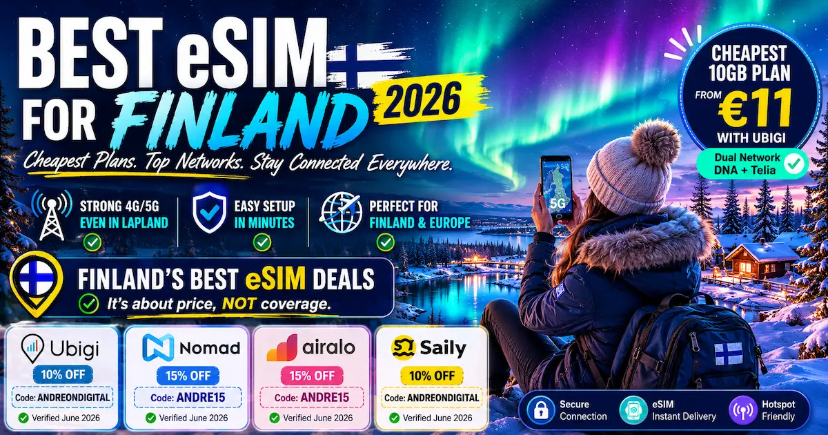 Best eSIM for Finland 2026 comparison showing Ubigi, Nomad, Airalo and Saily plans with cheapest 10GB plan from €11, Lapland coverage and Northern Lights background