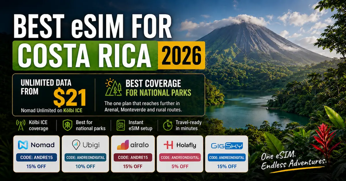 Best eSIM for Costa Rica 2026 image showing Nomad as best overall with Kölbi ICE coverage for national parks, unlimited data from $21, plus Ubigi, Airalo, Holafly and GigSky discount codes