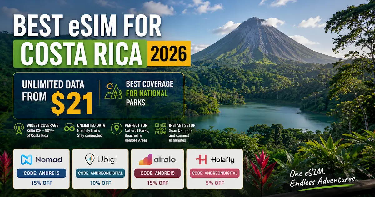 Best eSIM for Costa Rica 2026 comparison showing unlimited data from $21 with Arenal Volcano and national park coverage using Kölbi ICE, Nomad, Ubigi, Airalo and Holafly