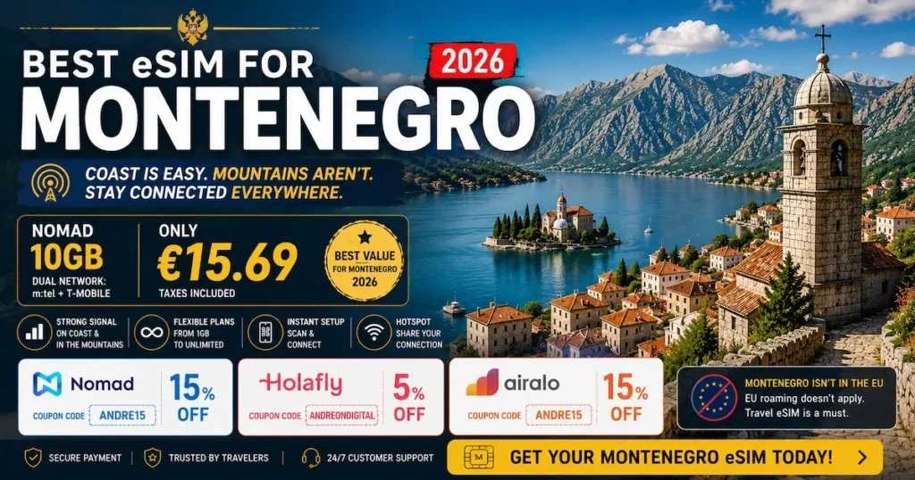 Best eSIM for Montenegro 2026 featured image showing Bay of Kotor with Nomad 10GB plan for €15.69, dual network m:tel and T-Mobile, ideal for coast and mountain coverage.