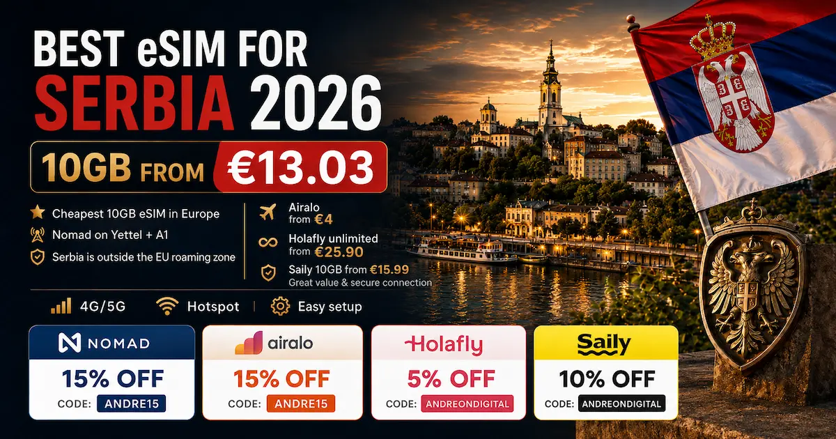 Best eSIM for Serbia 2026 comparison image showing Nomad 10GB from €13.03, Airalo from €4, Holafly unlimited from €25.90, Saily 10GB from €15.99, and discount codes for Serbia travel.