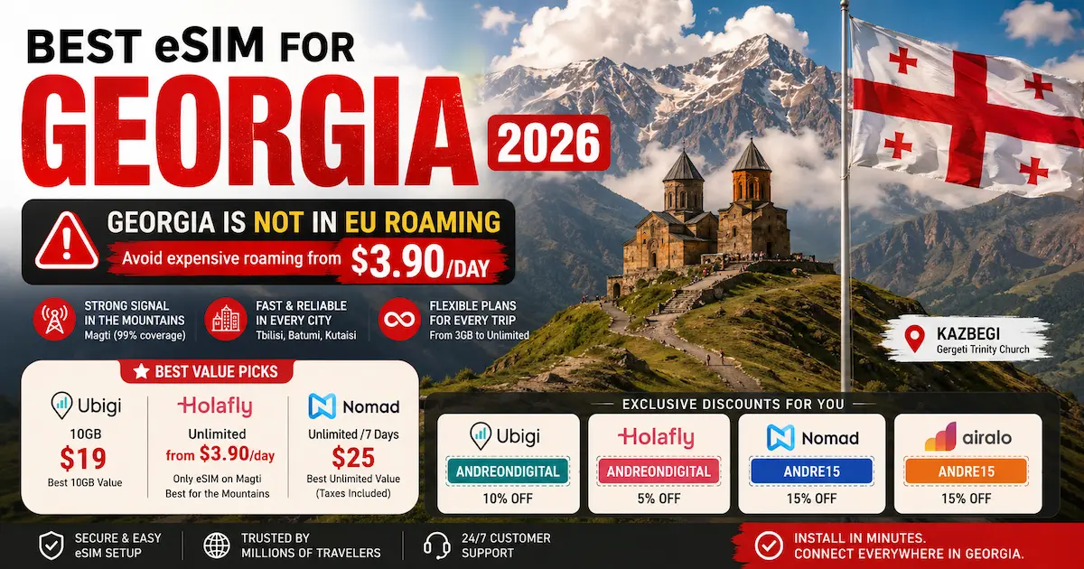 Best eSIM for Georgia 2026 comparison featuring Kazbegi Gergeti Trinity Church, showing Holafly on Magti from $3.90 per day, Ubigi 10GB for $19, Nomad unlimited 7 days for $25, and Airalo with calls and SMS included.