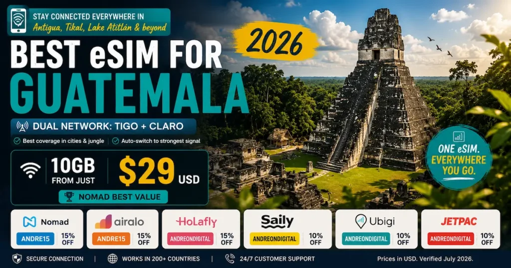 Best eSIM for Guatemala 2026 featuring Tikal National Park with Nomad, Airalo, Ubigi, Saily and Holafly, dual network Tigo and Claro, 10GB from $29 USD