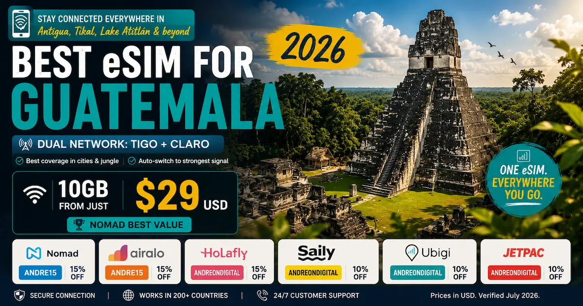 Best eSIM for Guatemala 2026 featuring Tikal National Park with Nomad, Airalo, Ubigi, Saily and Holafly, dual network Tigo and Claro, 10GB from $29 USD