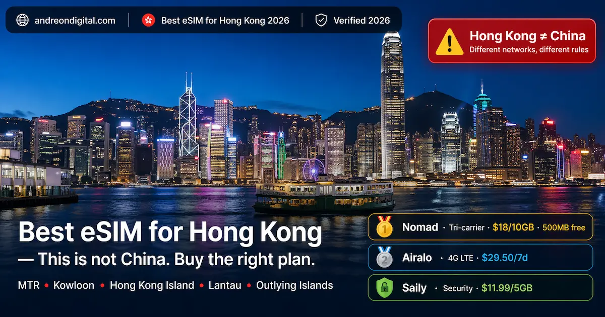 Best eSIM for Hong Kong 2026 comparison showing Nomad Airalo and Saily with prices coverage and note that Hong Kong is not China