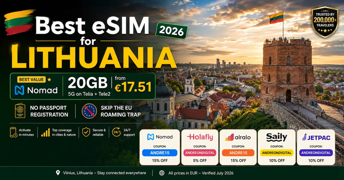 Best eSIM for Lithuania 2026 comparison featuring Gediminas Tower in Vilnius, Nomad, Holafly, Airalo, Saily and Jetpac with 20GB from €17.51, Telia coverage, no passport registration and EU roaming travel guide.