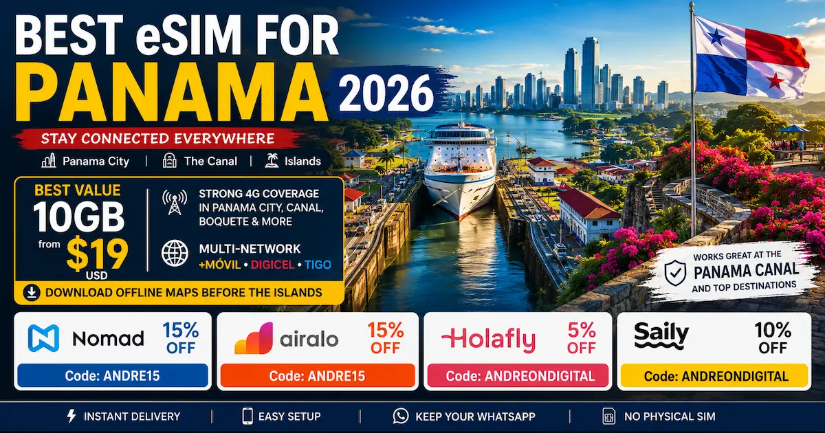 Best eSIM for Panama 2026 comparison featuring the Panama Canal with Nomad, Airalo, Holafly and Saily, highlighting 10GB plans from $19, multi-network coverage on +Móvil, Digicel and Tigo, plus discount codes for travelers.