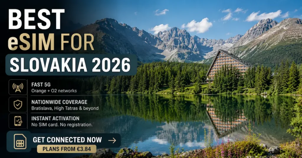 Best eSIM for Slovakia 2026 in High Tatras with lake reflection, showing fast 5G coverage on Orange and O2 networks, instant activation and travel connectivity across Bratislava and Slovak mountains