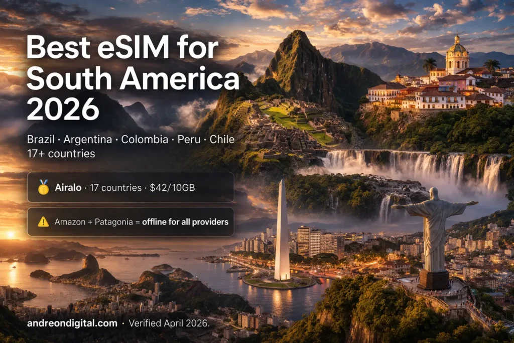 Best eSIM for South America 2026 guide showing real coverage, why signal fails in Amazon and Patagonia, and the most reliable travel eSIM plans
