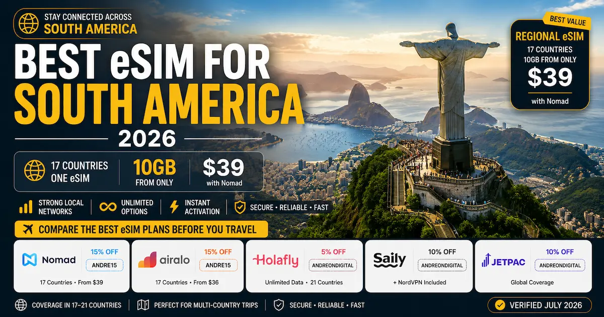 Best eSIM for South America 2026 comparison featuring Rio de Janeiro Christ the Redeemer with Nomad, Airalo, Holafly, Saily and Jetpac, regional eSIM plans, 17 to 21 countries, prices from $39.