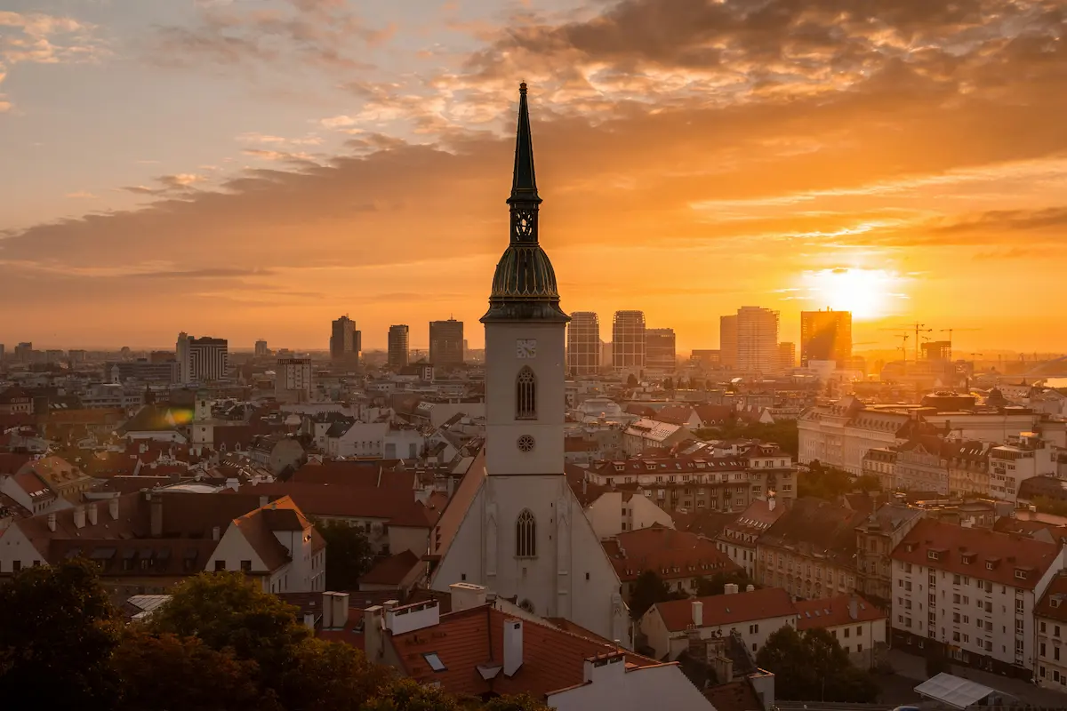 Bratislava Slovakia sunset skyline Old Town church best eSIM Slovakia 2026 coverage city travel Europe