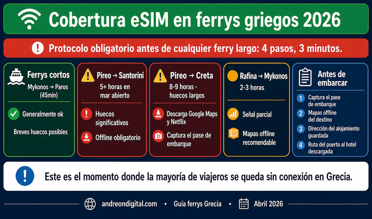 cobertura eSIM ferrys Grecia 2026 señal mar abierto Pireo Santorini Creta Mykonos internet islas offline mapa