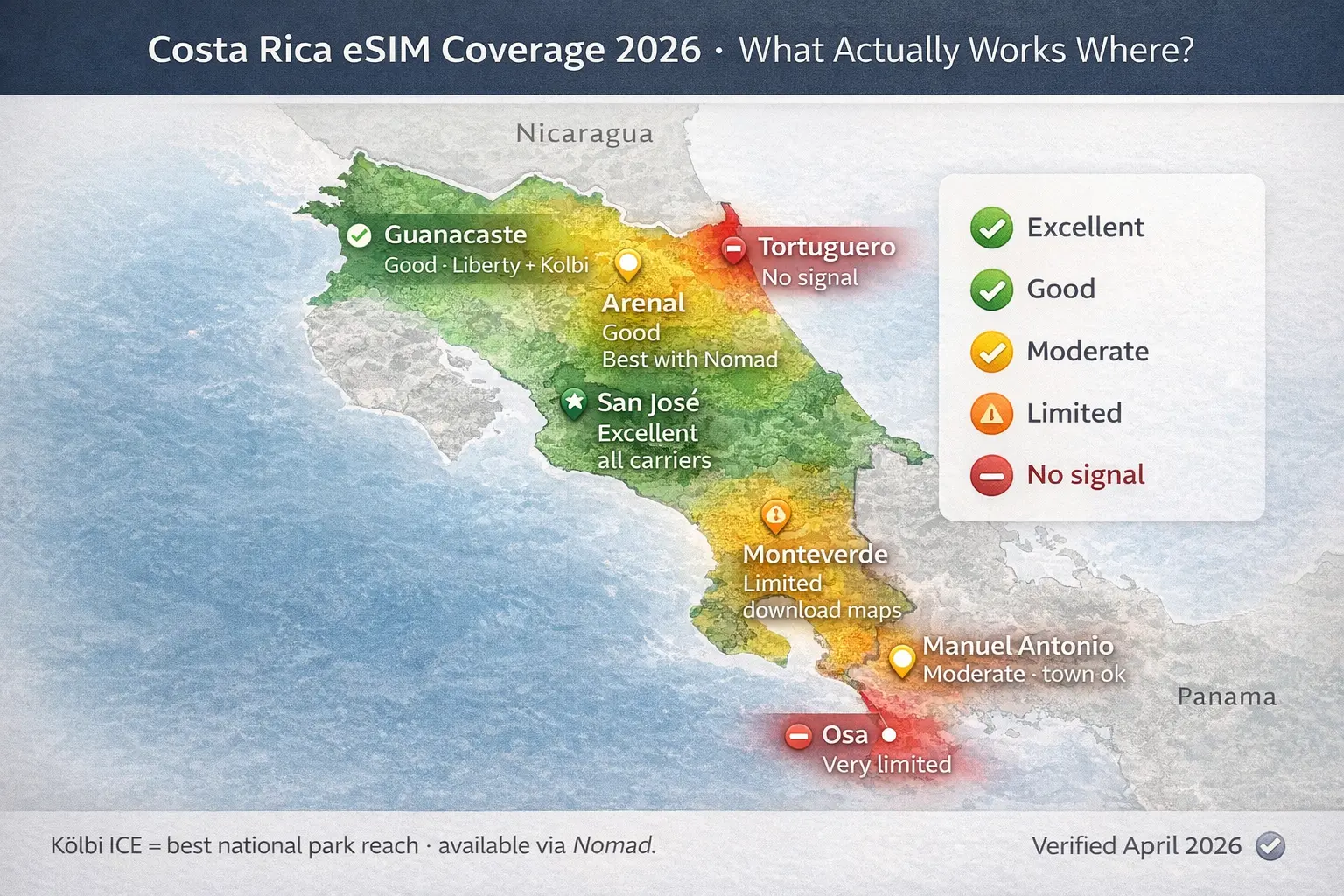 Costa Rica eSIM Coverage 2026 — Avoid No Signal Areas (Real Map) Costa Rica eSIM coverage 2026 real map showing no signal zones Tortuguero Osa and best areas with Nomad