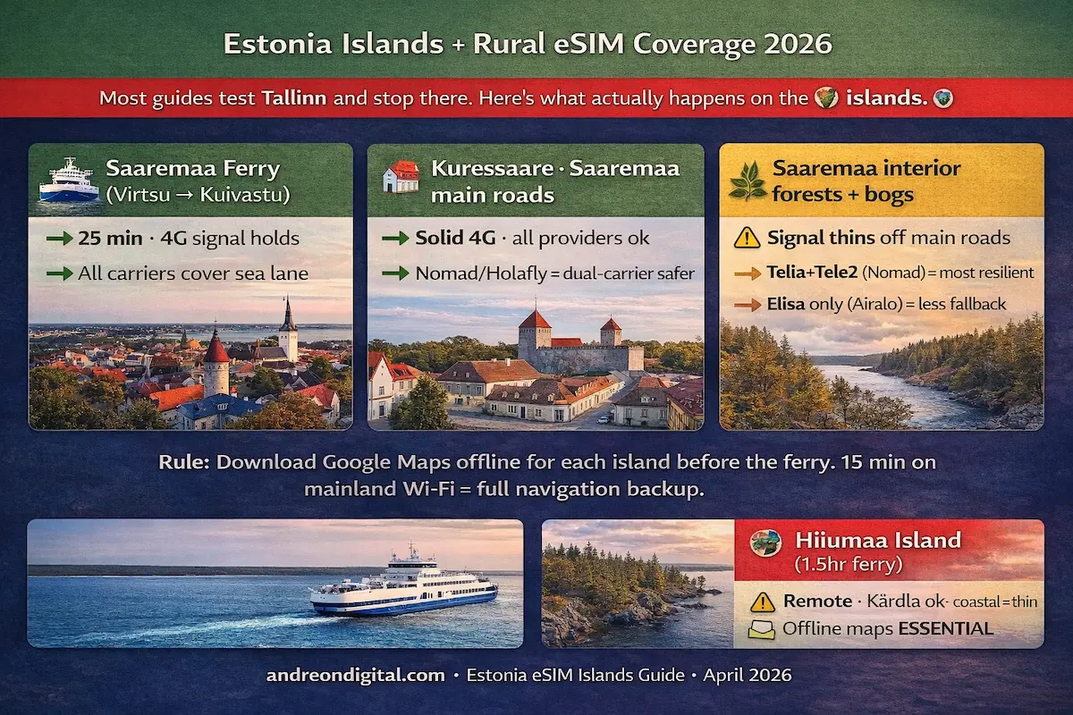 Estonia Islands eSIM Coverage 2026: Saaremaa, Hiiumaa and rural signal reality Estonia eSIM coverage 2026 for Saaremaa ferry, Kuressaare and Hiiumaa rural islands showing signal strength and offline maps need